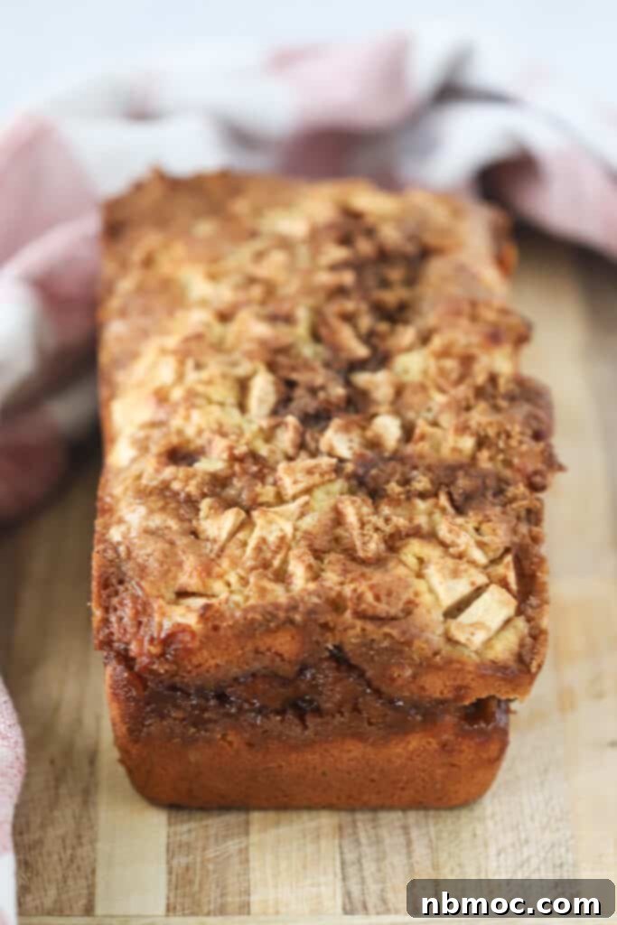 A freshly baked apple cinnamon loaf resting on a tabletop, perfectly golden and ready for slicing.