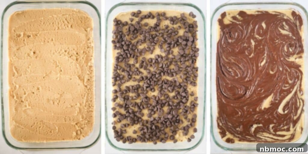 Marbled Chocolate Cookie Squares 3 Three photos side by side showing the process for adding chocolate chips and swirling them into the dough. how to make chocolate swirl cookies.