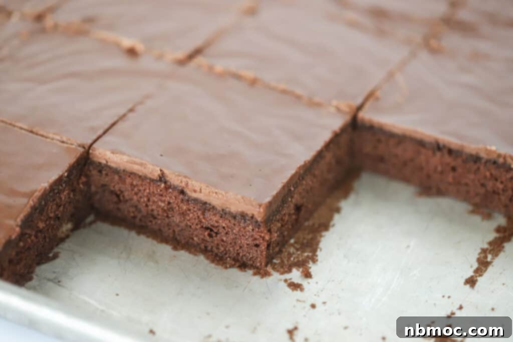 A sheet pan full of Texas Chocolate Sheet Cake cut into neat squares, with a few pieces already taken, showcasing the moist interior and thick chocolate frosting. The perfect dessert for any gathering.