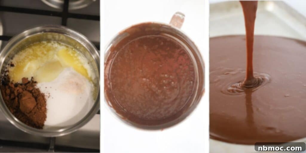 A collage of three photos demonstrating the initial steps of making Texas Chocolate Sheet Cake: boiling butter, sugar, cocoa, and salt; adding water to the mixture; and combining the wet and dry ingredients.