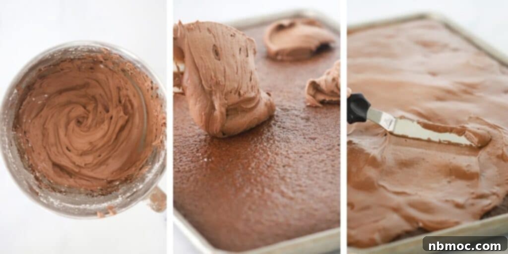 A sequence of three images showing the process of making the chocolate frosting: a bowl of fluffy chocolate frosting, applying dollops of frosting onto a warm Texas Sheet Cake, and the finished cake completely covered in smooth, melted chocolate frosting.