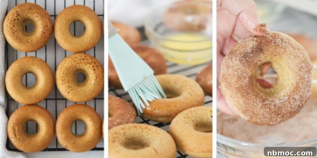 Fall Spiced Baked Apple Cider Donuts 3 apple cider baked Donuts on a wire rack, then being dipped into cinnamon sugar.