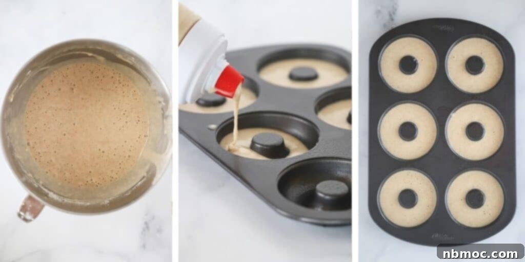 Fall Spiced Baked Apple Cider Donuts 4 Adding the batter to donut baking molds and then baking.