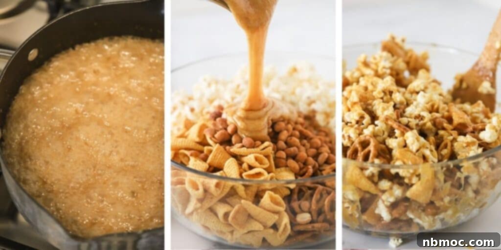 Side by side photos showing how to make a caramel syrup, pouring it over the snack mix in a bowl, and stirring the mixture for even coating.