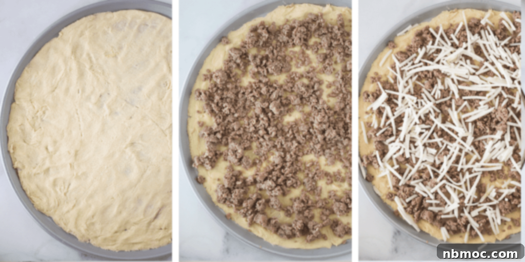 Two step-by-step process photos showing how to assemble the breakfast pizza: first, the crescent roll crust on a pizza pan; second, cooked sausage and frozen hash browns being sprinkled over the crust.