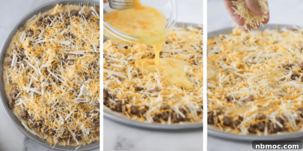 Two side-by-side process photos illustrating the final steps of making breakfast pizza: first, the egg and cheese mixture being poured over toppings; second, the baked and golden brown breakfast pizza with its set egg topping.