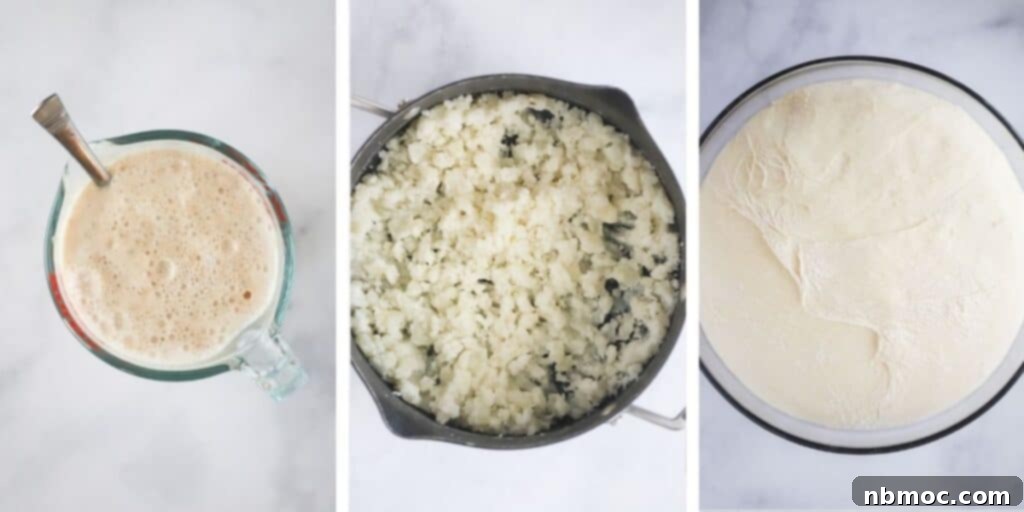 Gooey Caramel Delights 3 Three side-by-side images showing the yeast activating, mashed potatoes, and mixed dough in a bowl.