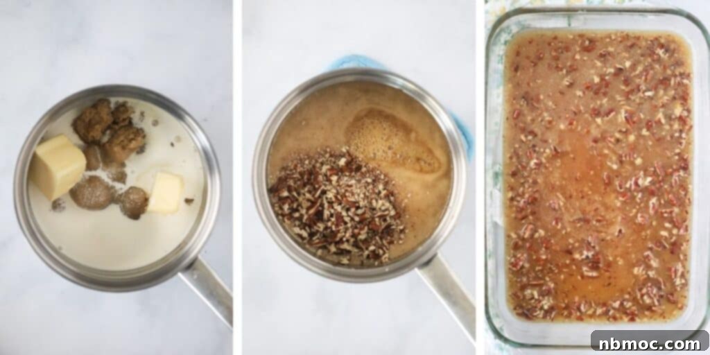 Gooey Caramel Delights 4 Side by side photos demonstrating the process of making the sticky pecan caramel mixture.