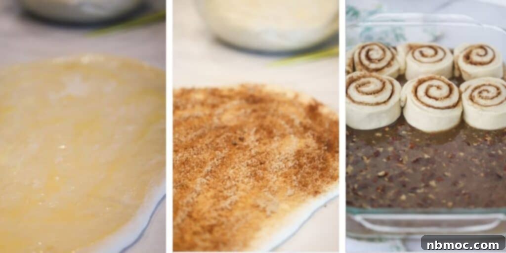 Gooey Caramel Delights 5 Side by side photos showing how to roll and shape the pecan sticky buns.