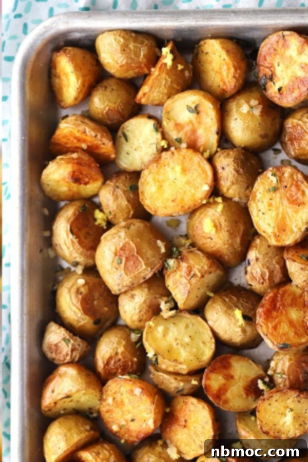 Garlic and Thyme Herb Roasted Potatoes on a baking sheet, golden and crispy.