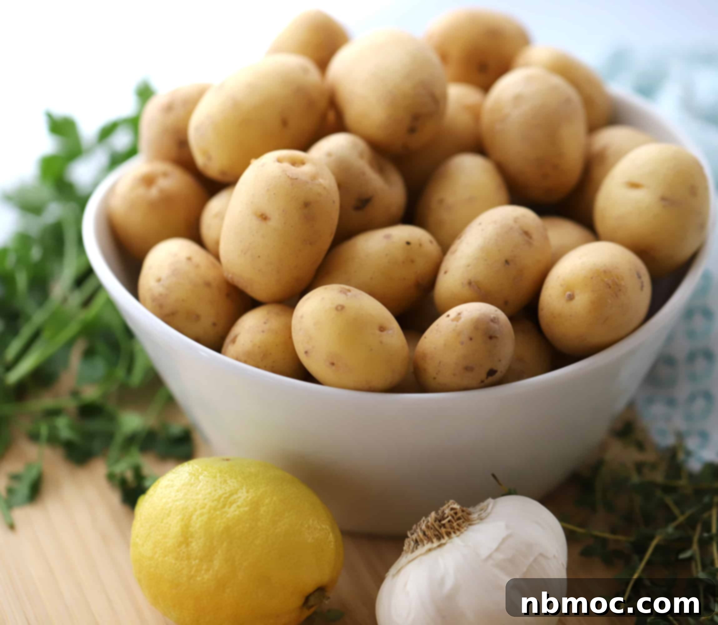 A bowl full of small potatoes surrounded by a lemon, head of garlic, and fresh herbs, showcasing the key ingredients.
