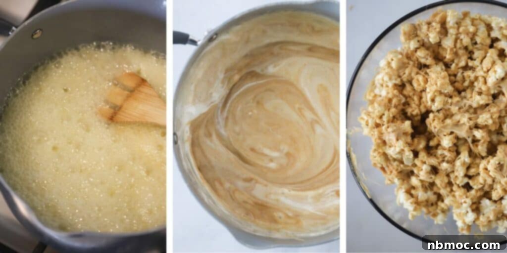 Side by side photos showing how to make caramel cooking, peanut butter and marshmallows being mixed in, and a bowl of the popcorn mixed with the sauce. This is an easy recipe for peanut butter popcorn (or pb popcorn).