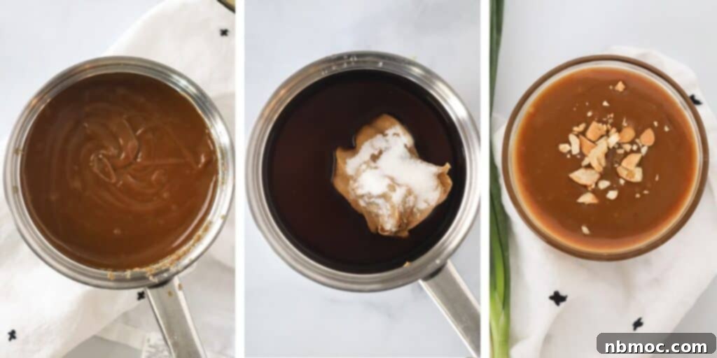 Creamy Peanut Dipping Sauce 4 Side by side photos showing the process of making Pad Thai Peanut Sauce in a saucepan and a finished ramekin of the sauce topped with chopped peanuts, highlighting its versatility as a Thai peanut dressing or Korean peanut sauce.