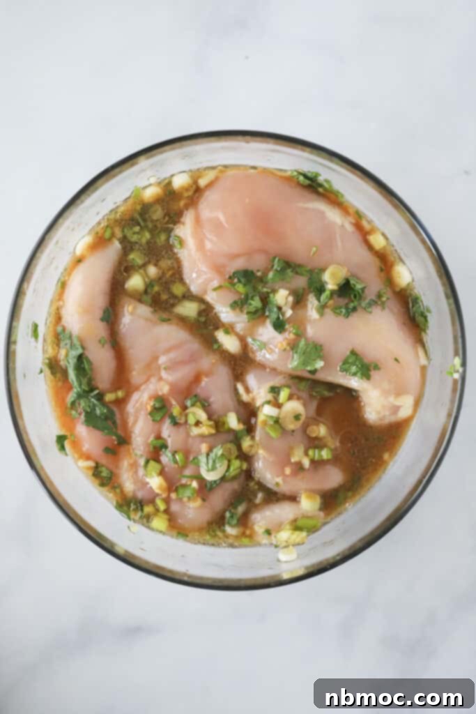 A close-up view of the key ingredients for the Thai chicken marinade recipe, including freshly minced garlic, vibrant lime wedges, and green onions, highlighting the ease of preparation for this delicious chicken marinade.