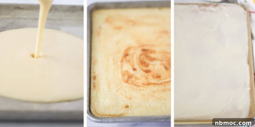 Classic White Texas Sheet Cake 3 Three steps for making this white sheet cake including Pouring white sheet cake batter into a baking sheet, a baked white sheet cake, and a frosted sheet cake.