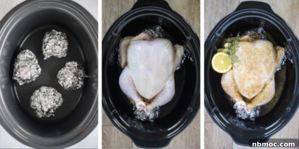 Zesty Lemon Pepper Rotisserie Chicken 4 Side by side photos showing a crock pot with foil balls in the bottom, the whole chicken added on top, and the chicken with the spice rub and fresh lemon and garlic. rotisserie chicken lemon pepper; how to truss a chicken for rotisserie.