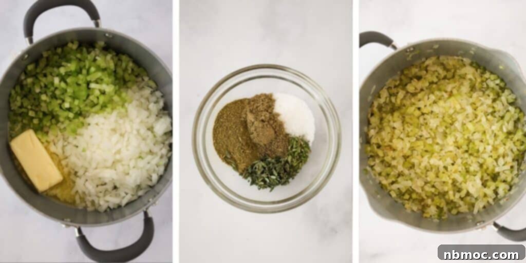 Side-by-side process photos illustrating how to make cornbread stuffing, showing a pot with sautéing onions, celery, and butter, a small bowl brimming with a blend of fresh herbs and spices, and finally, the cooked aromatic mixture in the pot, ready for the next step. This highlights the best cornbread stuffing recipe for Thanksgiving.