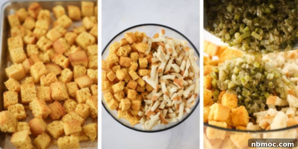 Perfectly cubed cornbread ready for drying, essential for making the best cornbread stuffing recipe for Thanksgiving.