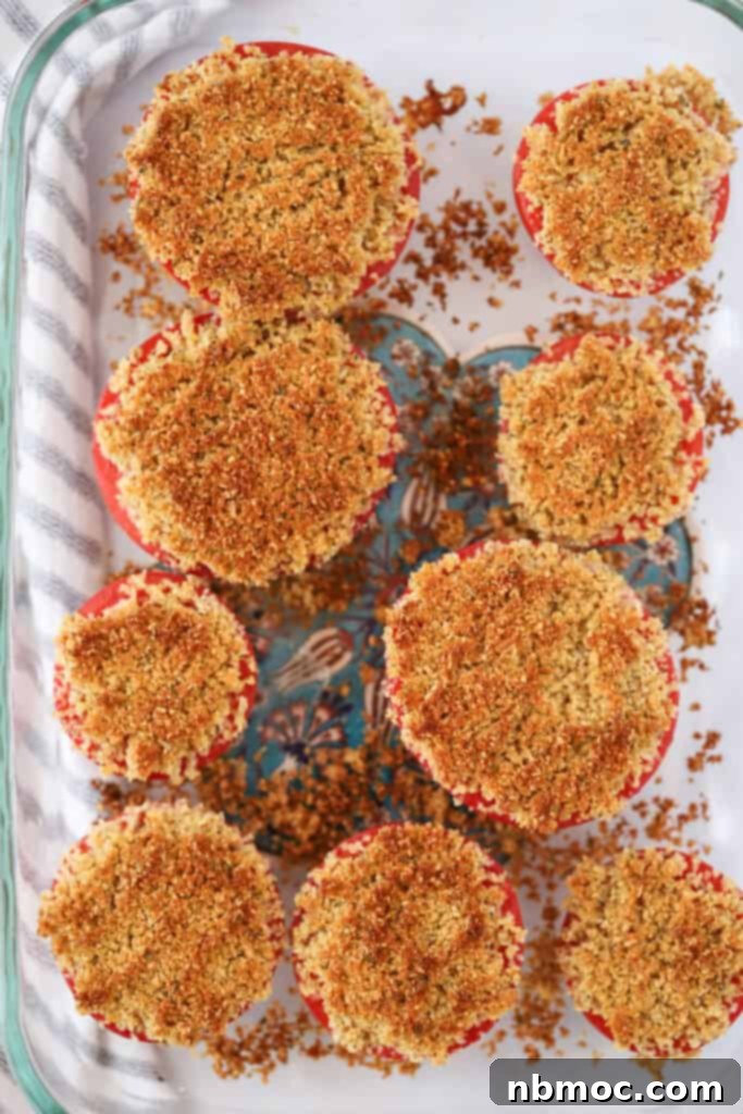 A baking dish full of Panko and Parmesan Roasted Tomatoes.