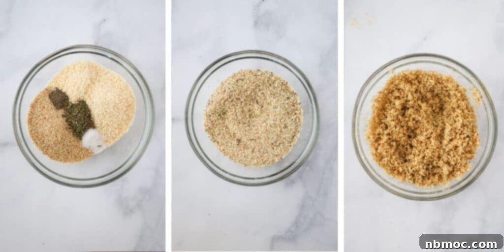 Side by side photos of how to make parmesan baked tomatoes, a glass mixing bowl with ingredients to make panko and Parmesan topping.