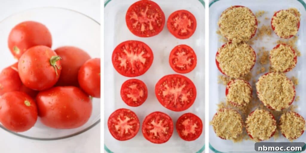 Side by side photos showing how to make baked tomatoes parmesan, a large bowl of tomatoes, halved tomatoes in a baking dish, and tomato halves topped with Panko and Parmesan crust.