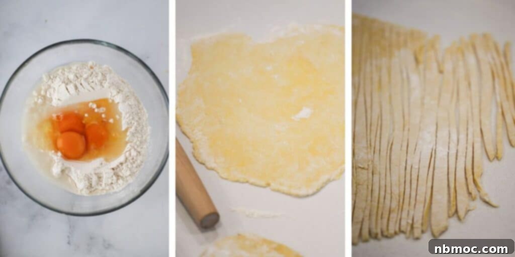 Golden Egg Noodles 4 Side by side photos illustrating the egg noodle making process: a bowl of flour and eggs, rolled out dough, and finally, neatly cut noodles on a countertop.