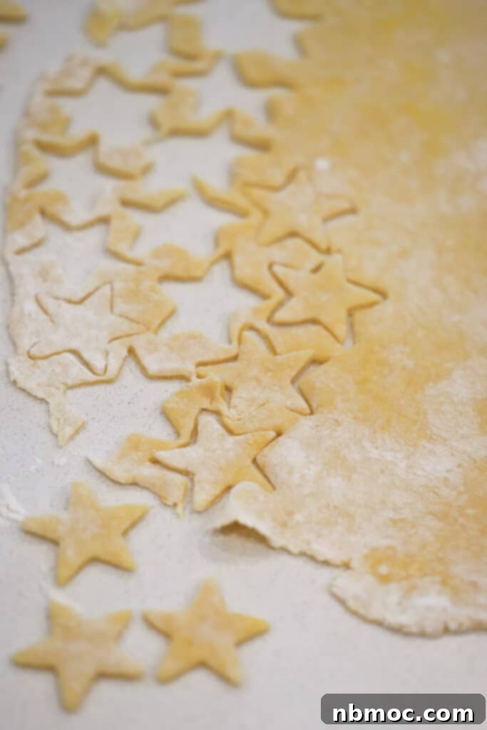 Golden Egg Noodles 5 A countertop covered with rolled egg noodle dough, some of which have been cut into charming star shapes.