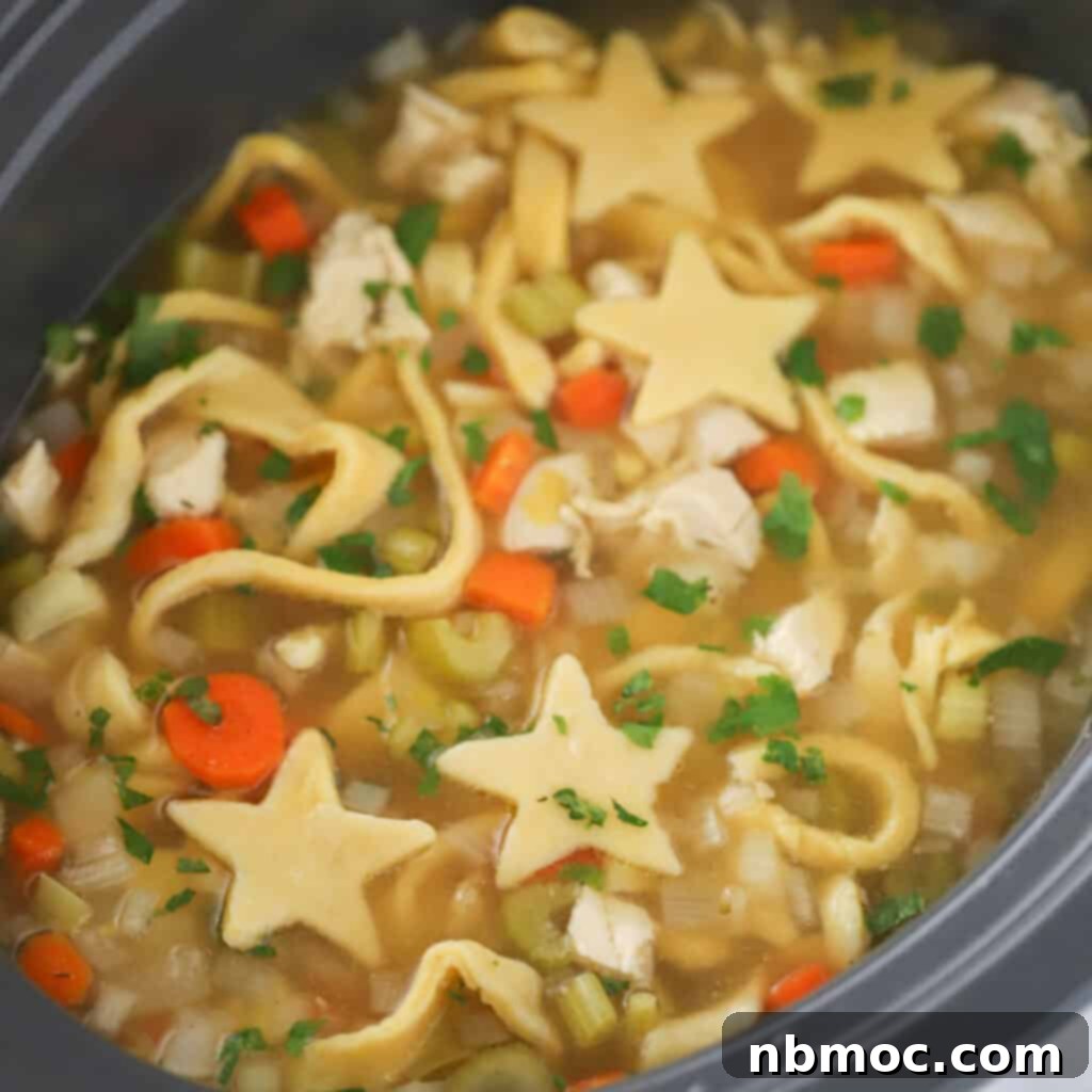 Golden Egg Noodles 6 A crockpot filled with steaming chicken noodle soup, garnished with freshly made star-shaped egg noodles.