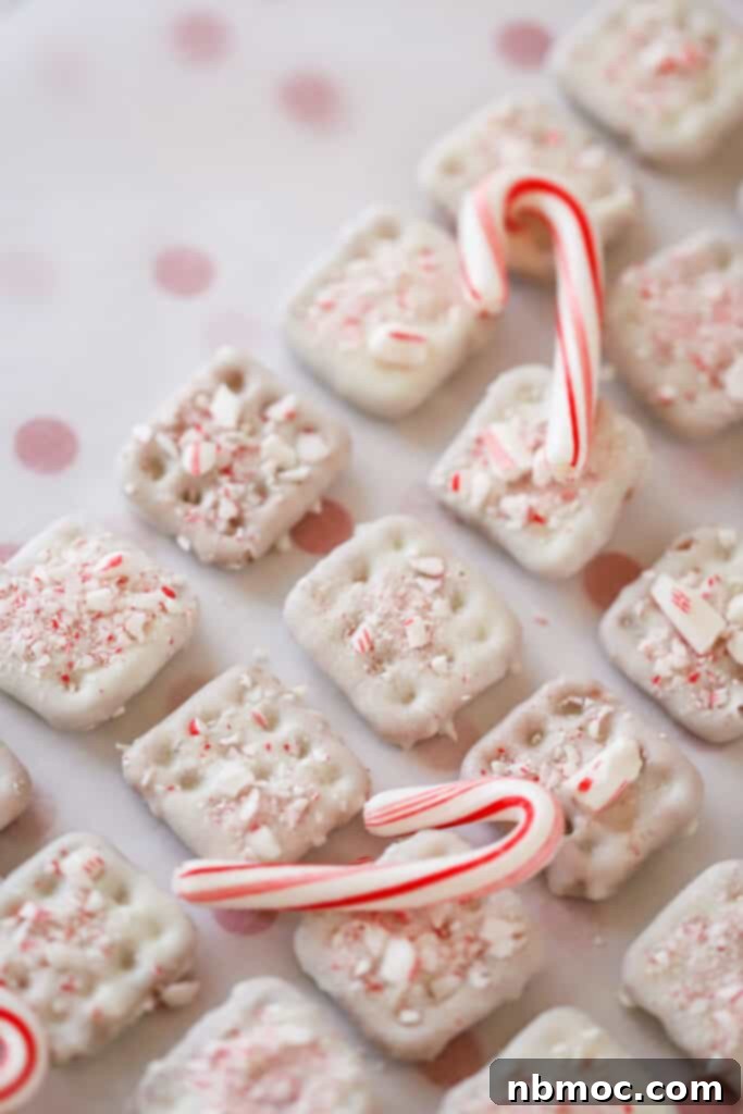 Mint Kissed Pretzel Crunch 2 A tray of white chocolate dipped pretzels topped with crushed candy canes.