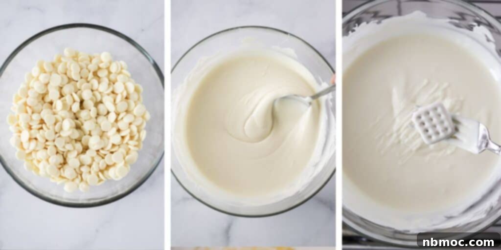 Mint Kissed Pretzel Crunch 4 Side by side photos showing the steps for melting white chocolate in a bowl, then dripping pretzels with a fork.