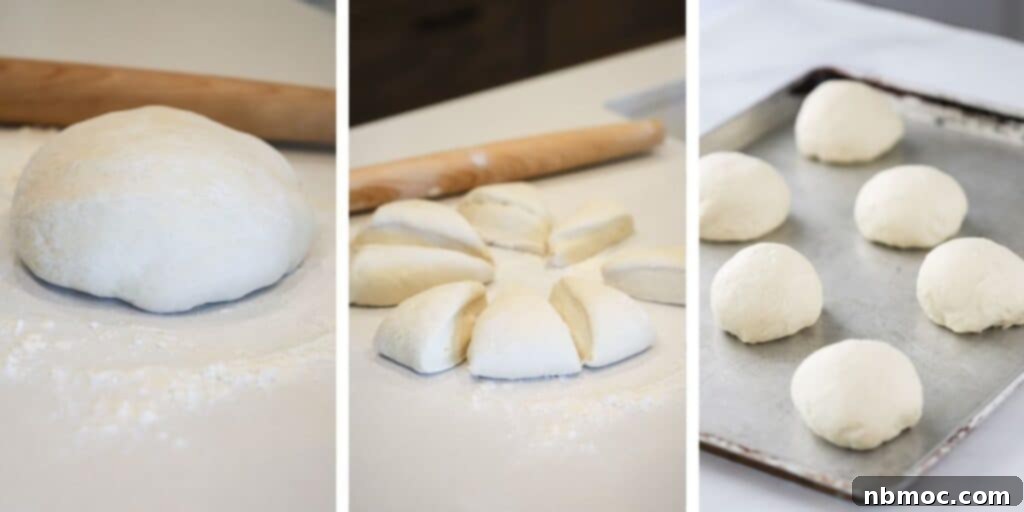 Crusty Creations 4 A step-by-step visual guide showing bread dough progressing from a single ball, to divided portions, and finally shaped into rounds on a baking tray, ready for proofing.