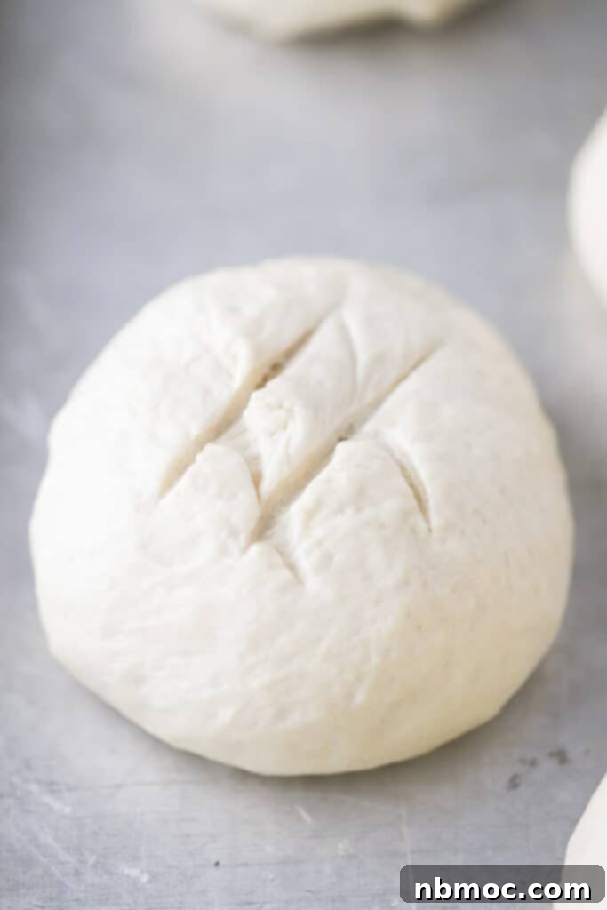 Crusty Creations 5 A single, perfectly round and scored bread bowl on a baking tray, showcasing the beautiful scoring marks before baking. A testament to simple homemade perfection.