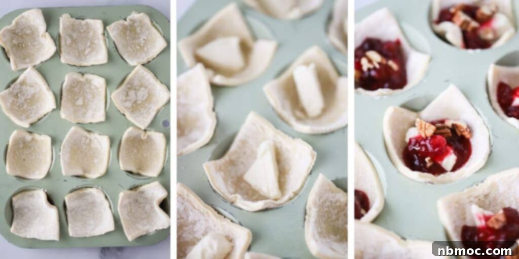 How to make phyllo dough brie bites filled with cranberry sauce and pecans by using mini muffin tins.