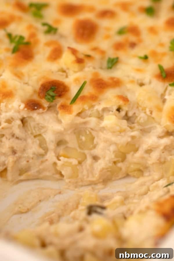 Vibrant Fiesta Corn Dip 2 A baking dish filled with golden-brown Fiesta Corn Dip, garnished with cilantro, ready to be served at a party or game day event.