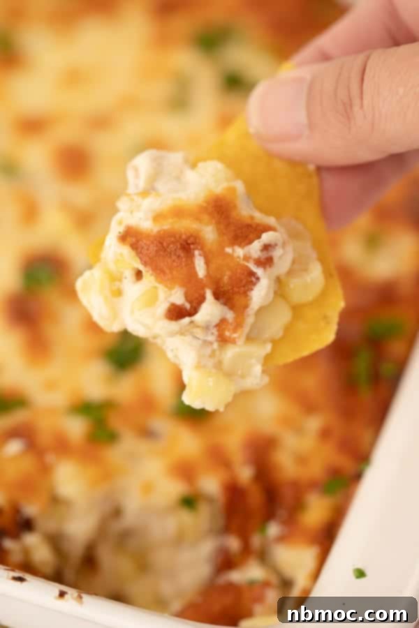 Vibrant Fiesta Corn Dip 4 A scoop of baked Fiesta Corn Dip on a crispy tortilla chip, showcasing the melted cheese and corn kernels.