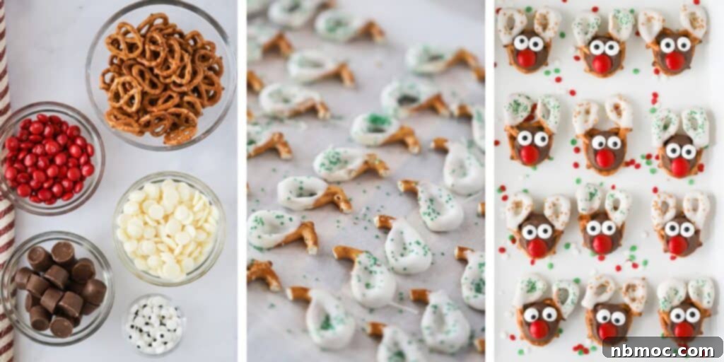 Holiday Antler Pretzels 4 Side by side photos showing the steps for organizing ingredients and dipping the pretzels to make pretzel reindeer treats.