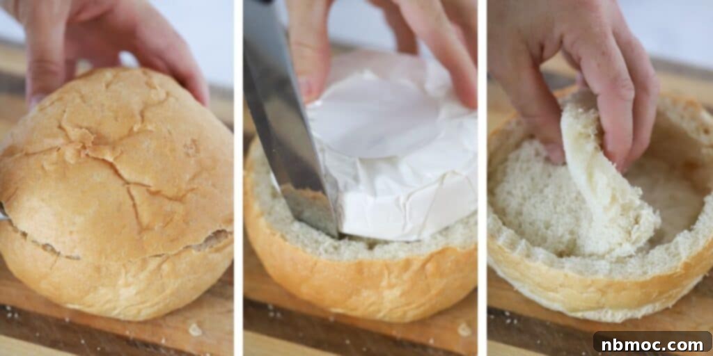 Warm Cranberry Brie 3 Side-by-side photos demonstrating how to cut and hollow out a round bread loaf using a brie cheese wheel as a guide.