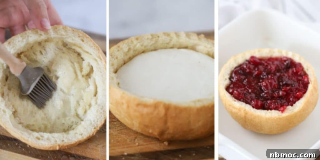 Warm Cranberry Brie 4 Side-by-side photos showing the process of brushing butter on bread, adding brie cheese, and topping with cranberry sauce.