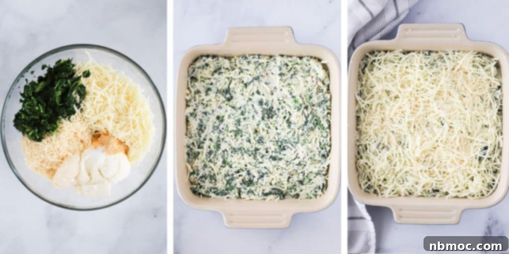 Creamy Spinach Delight 3 Side by side photos showing a glass bowl with dip ingredients, a baking dish with the mixture added, and another with shredded cheese added to the top, illustrating the process of making warm spinach dip.
