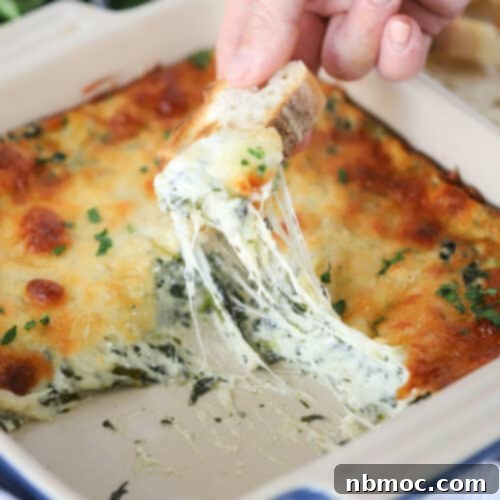 Creamy Spinach Delight 5 Warm Spinach Dip in a white baking dish, fresh from the oven, with a golden brown top