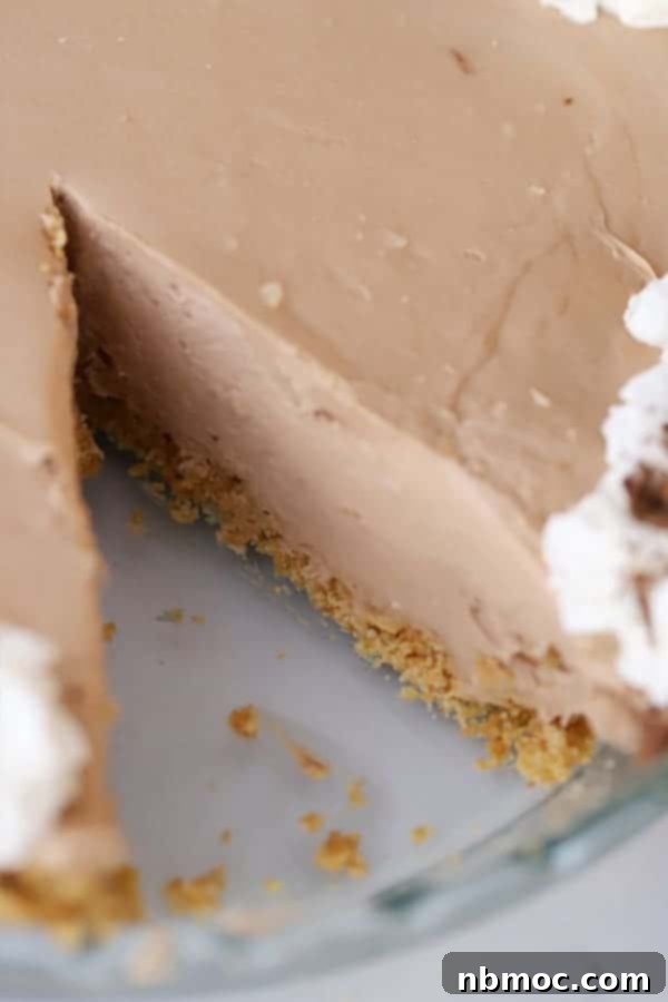 Creamy No-Bake Chocolate Indulgence 3 A slice of no-bake chocolate cheesecake has been removed, showing its creamy texture.