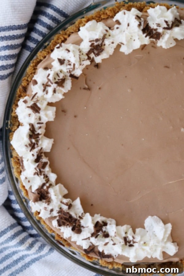 Creamy No-Bake Chocolate Indulgence 4 A slice of no-bake chocolate cheesecake adorned with whipped cream and chocolate shavings.