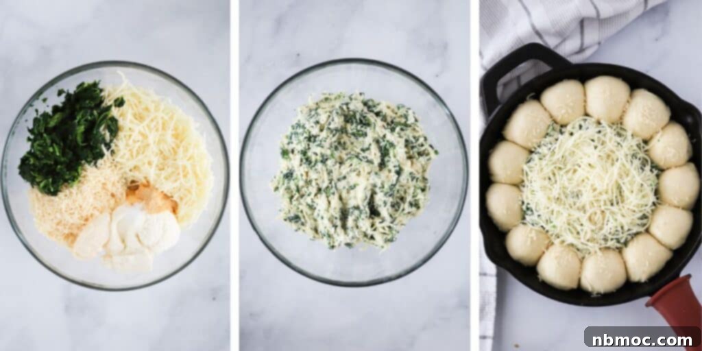 Side by side photos showing a glass mixing bowl full of dip ingredients, the mixed ingredients, and finally a skillet with the dip surrounded by rolls, illustrating the preparation process.
