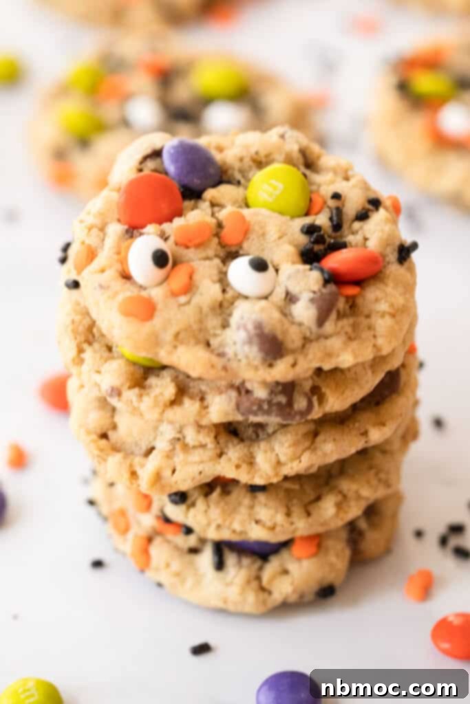 A stack of Halloween Monster Cookies decorated with candy eyes and M&Ms, ready for a spooky celebration.