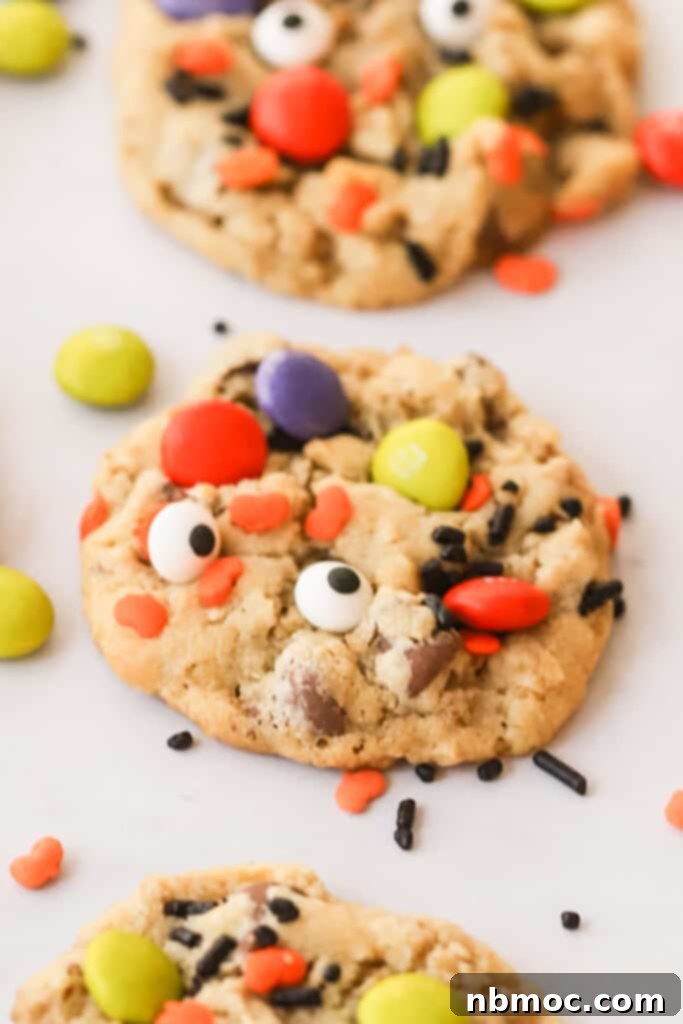 Halloween Monster Cookies on a countertop topped with M&Ms, candy eyes, and sprinkles, ready to be enjoyed.