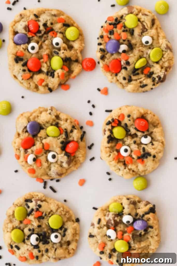Halloween chocolate chip cookies decorated with festive candies for a spooky holiday treat.