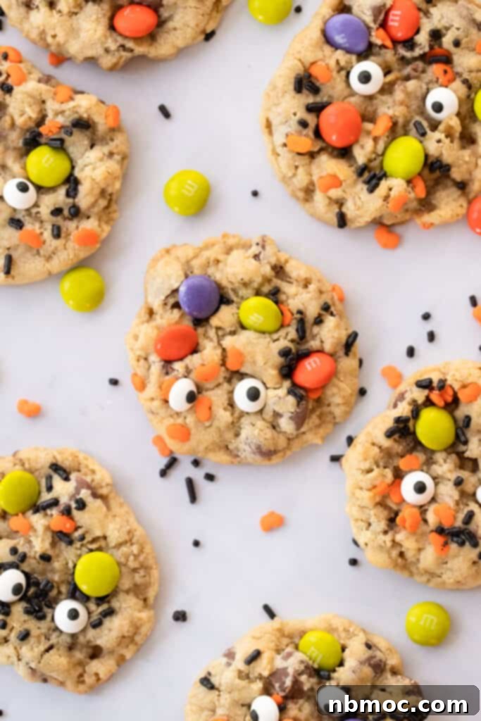 A plate of spooky Halloween monster cookies, decorated with vibrant sprinkles, candy eyes, and M&Ms, perfect for a festive treat.