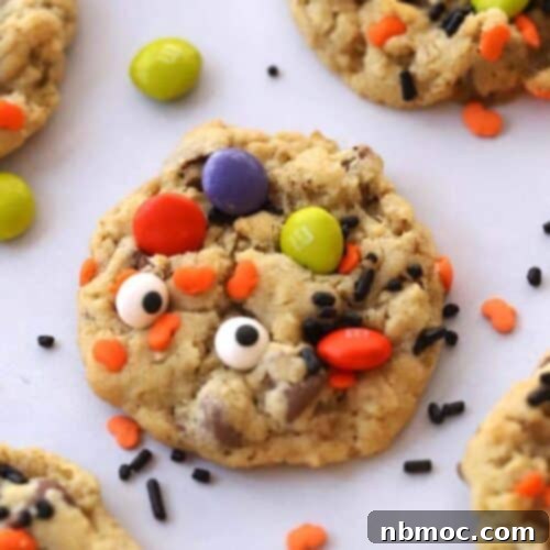 Halloween cookies-Monster cookie recipe, featuring festive decorations and a delicious texture.