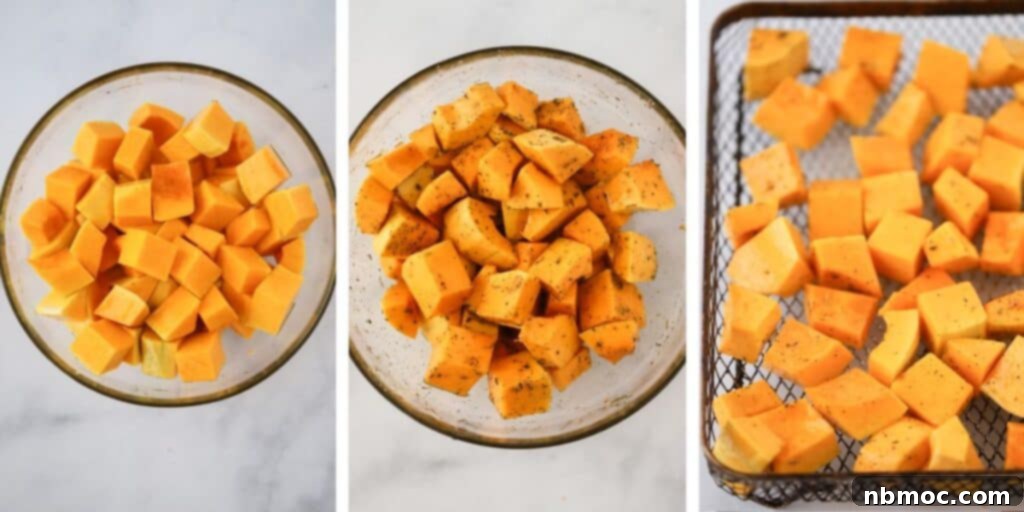Side by side photos showing a mixing bowl with cubed squash, the same bowl with seasoning added, and finally the cubed squash in an air fryer basket; squash air fryer.