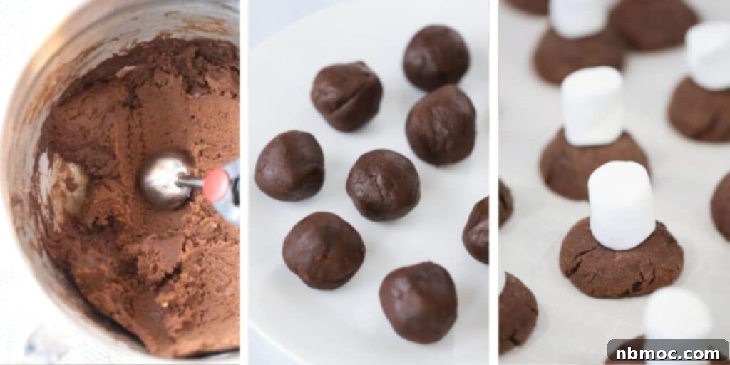Side by side photos showing a bowl of chocolate cookie dough, scooped cookie dough balls, and half-baked cookies topped with marshmallows.